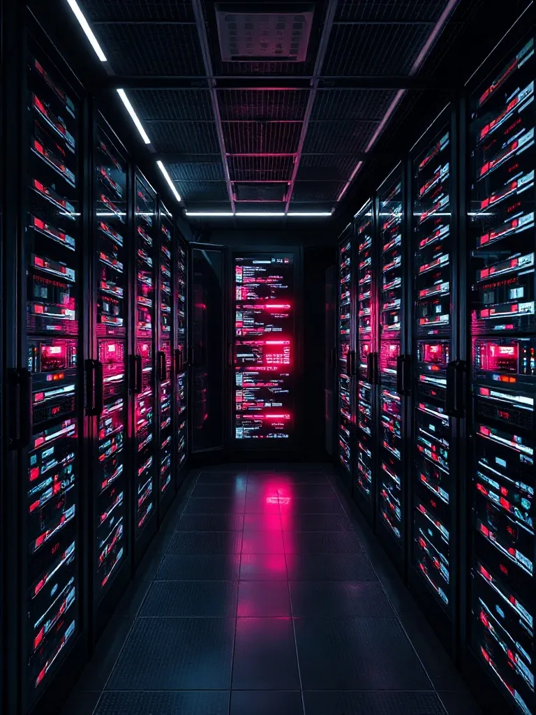 A high-tech server room with glowing data lines, futuristic