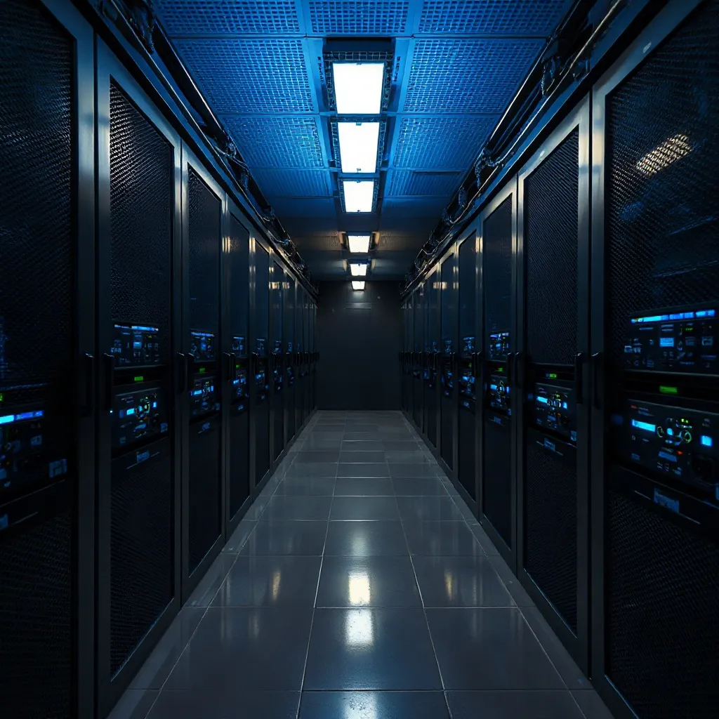 Industrial high-tech server room with clean lines, dark meta